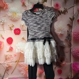 Adorable Black and White Knit Dress with Lace Skirt girls size 6/7